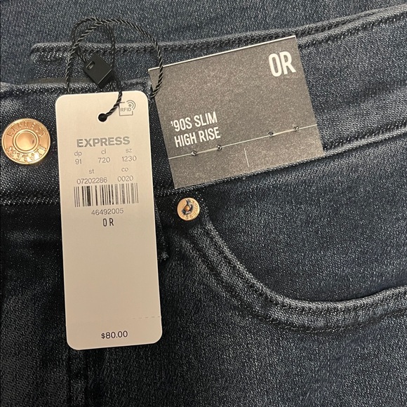 Express High Waisted Dark Wash Raw Hem '90s Slim Jeans NEW size 0 - Picture 5 of 5